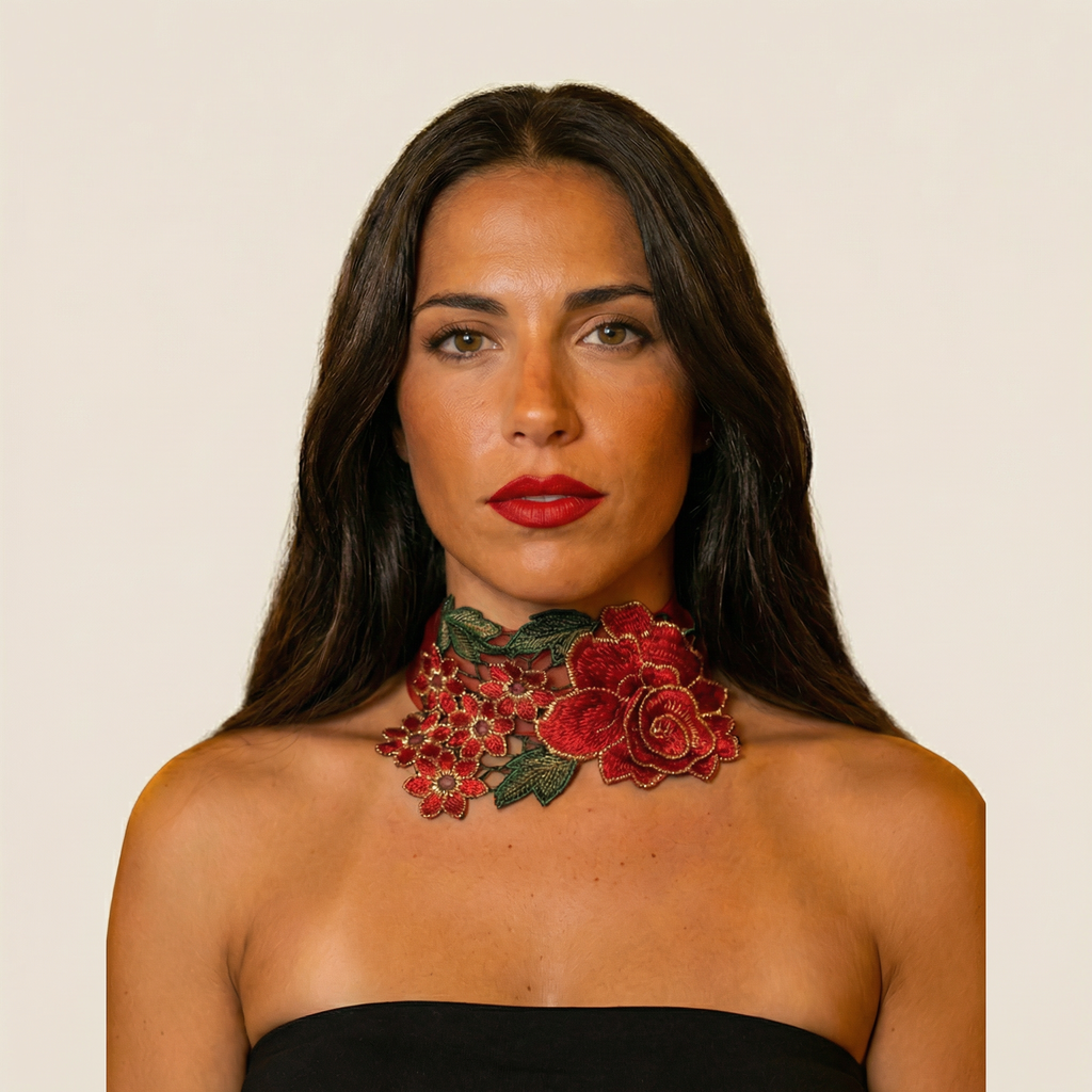 Choker rojo floral elegante para feria e invitadas de boda sofisticado